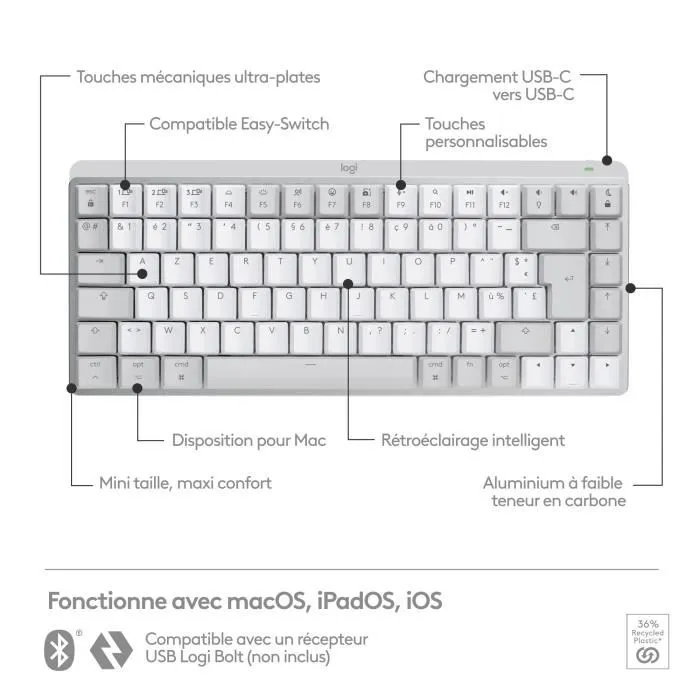 Logitech MX Keys Mini Teclado Inalambrico Compacto Retroiluminado para MAC, iOS, Windows, Linux, Android