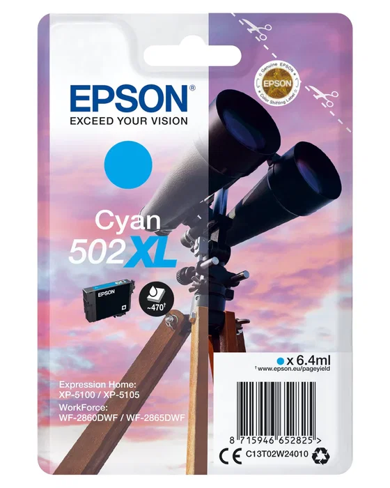 Epson Cartucho de Tinta Original 502XL Cian C13T02W24020, 6.4 ml, Alto Rendimiento, Compatible con Expression Home XP-5100 y Workforce WF-2860