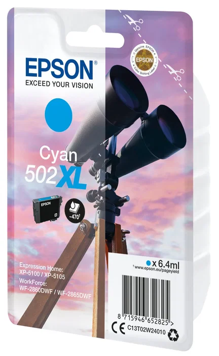 Epson Cartucho de Tinta Original 502XL Cian C13T02W24020, 6.4 ml, Alto Rendimiento, Compatible con Expression Home XP-5100 y Workforce WF-2860