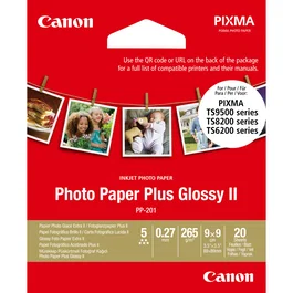 Canon 2311B070 Papel Fotográfico PP-201, Acabado Brillo, 265 g/m², Blanco, Formato 9x9 cm (89x89 mm), Paquete de 20 Hojas