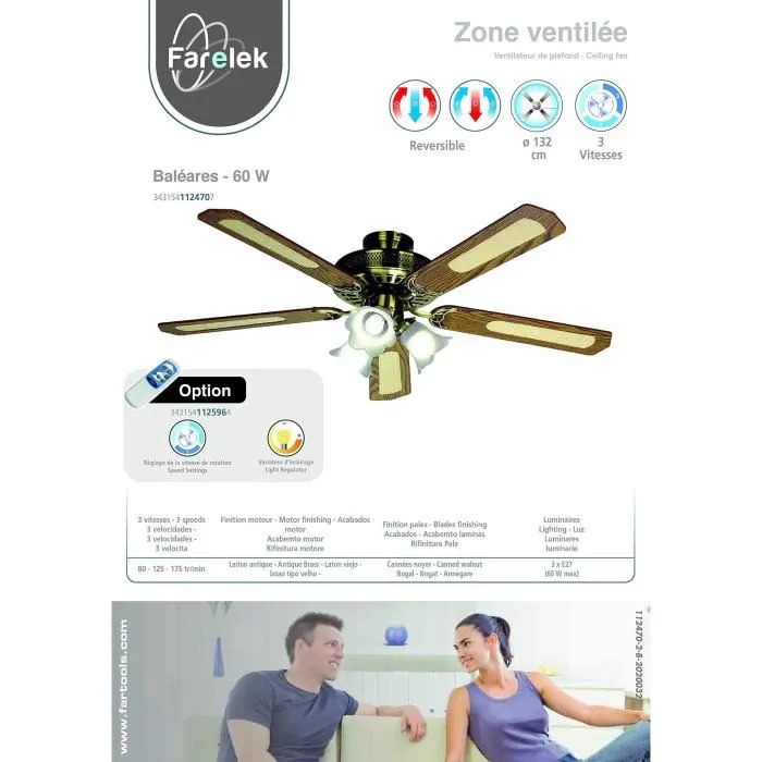 Farelek 112470 BALEARES - Ventilador de Techo Reversible Ø 132 cm, 5 Aspas de Nogal/Caña con Iluminación 3 Tulipanes 60W E27