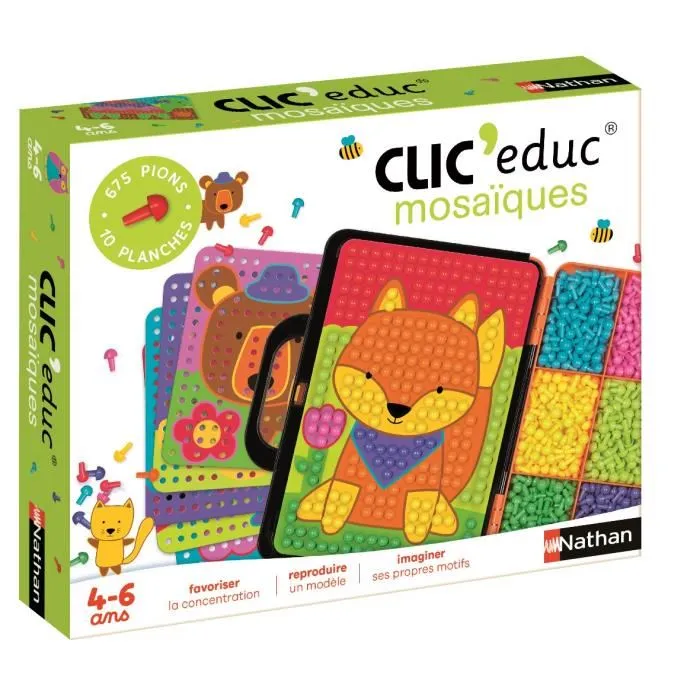 Nathan Clic'Educ Mosaicos para Colorear y Crear Juego Educativo Manipulación Fina Imaginación Colores A Partir de 4 Años