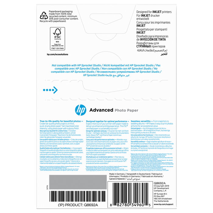 HP Papel Fotográfico Advanced Brillante 250 g/m2 10 x 15 cm 100 Hojas