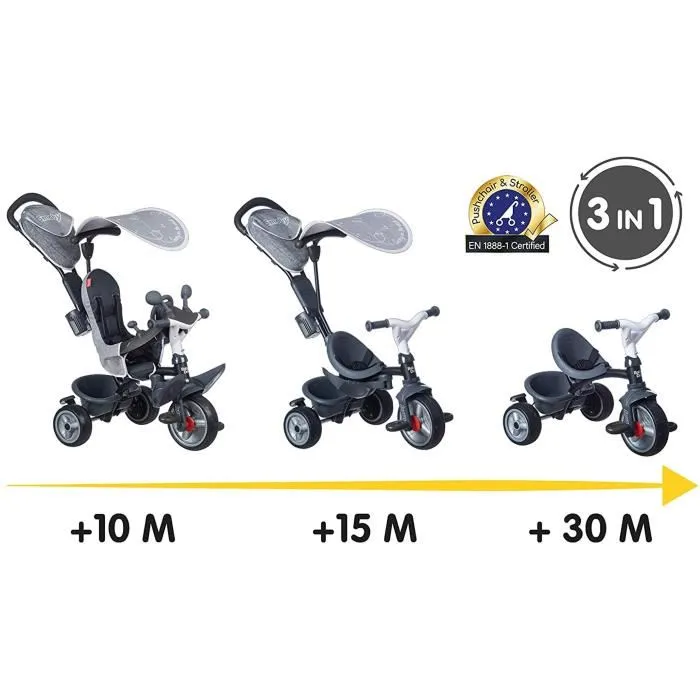 Smoby Triciclo Baby Driver Plus Gris - Bicicleta Evolutiva Infantil desde 10 Meses con Ruedas Silenciosas y Freno de Estacionamiento