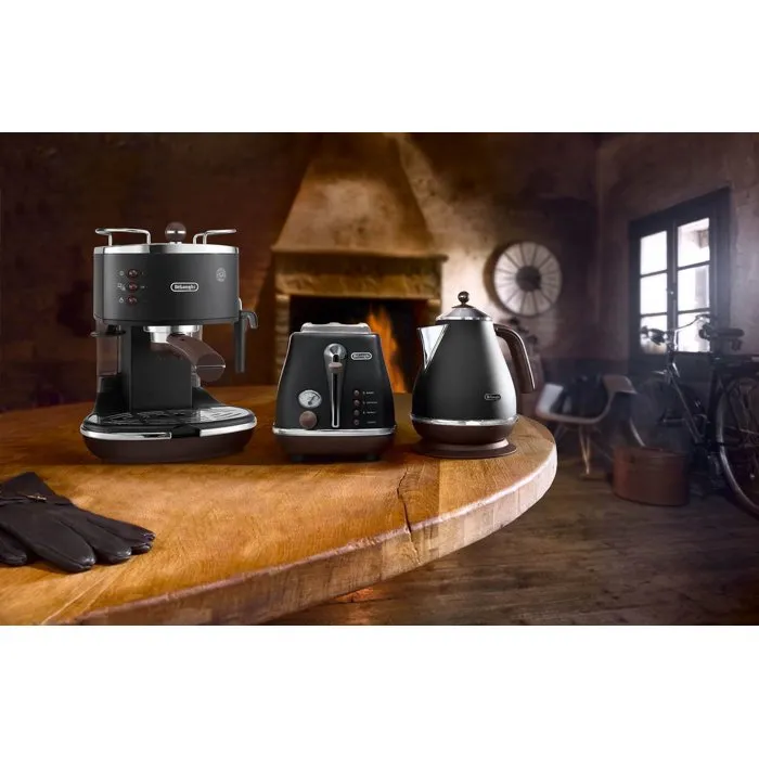 Delonghi ECOV 310.BK Cafetera Espresso Classic Icona Vintage - Negro Mate / Chocolate - 1100W, 15 Bares, Depósito 1.4L