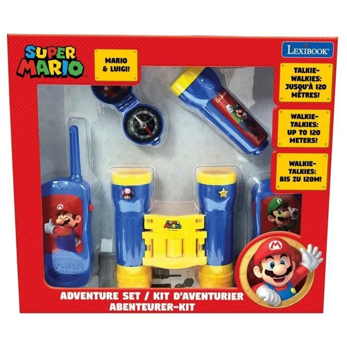 Lexibook Set Aventurero Super Mario Nintendo con Walkie-Talkies, Prismáticos, Linterna y Brújula