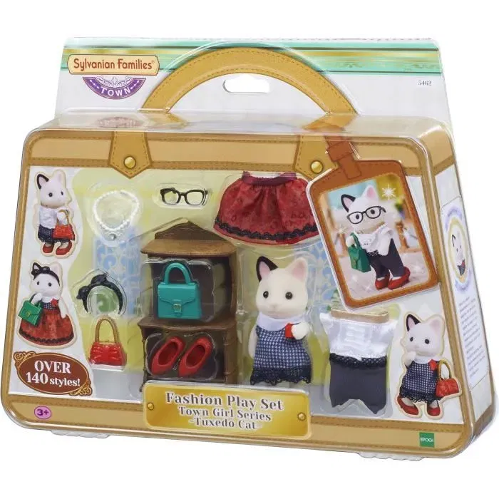 Sylvanian Families 5462 Set Maleta de Moda y Hermana Mayor Gato Bicolor, Muñeca para Niños y Niñas