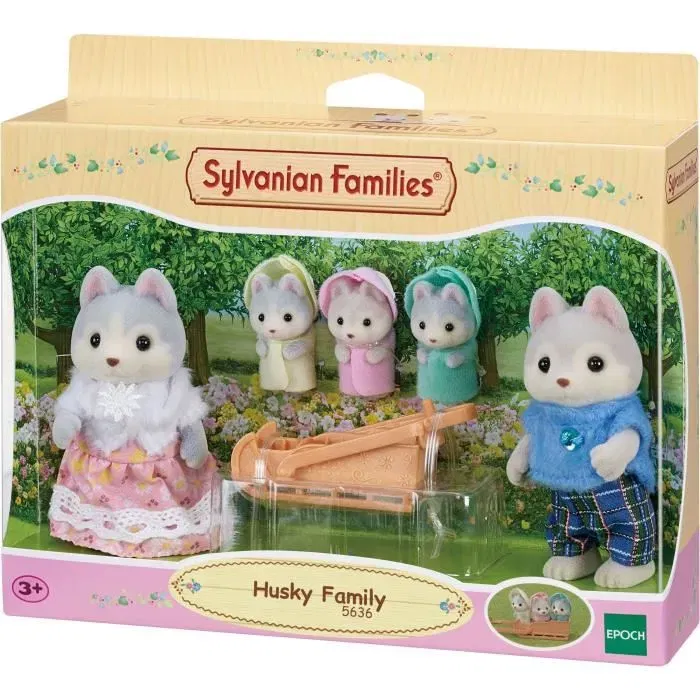 Sylvanian Families Familia Husky Mamá Papá Trillizos Muñecos Articulados con Ropa