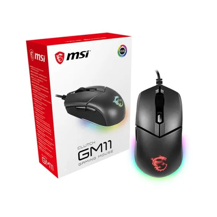 MSI Clutch GM11 Ratón Gaming RGB con 8 efectos de luz, Sensor óptico PMW-3325, 5 niveles DPI, Diseño ambidiestro