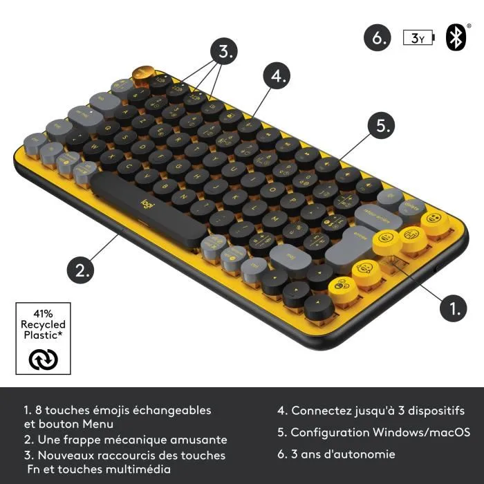 Logitech Teclado POP Keys Mecánico Inalámbrico, Teclas Emoji Personalizables, Bluetooth o USB, Compacto Duradero - Amarillo