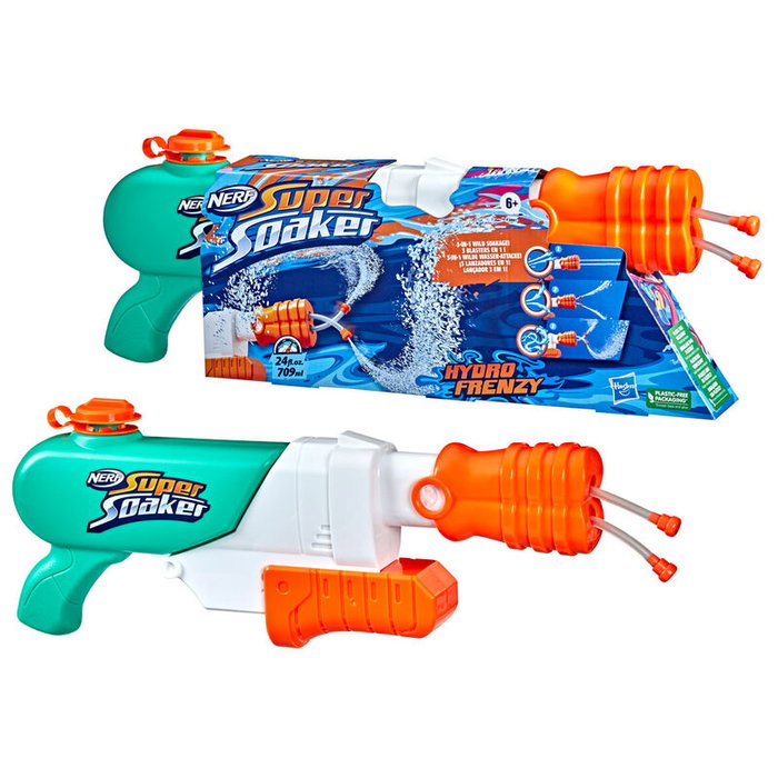 HASBRO Super Soaker Hydro Frenzy Lanza de Agua con 2 Tubos y Boquilla Ajustable, Capacidad 709ml, +6 Años HASBRO Super Soaker Hydro Frenzy Lanza de Agua con 2 Tubos y Boquilla Ajustable, Capacidad 709ml, +6 Años
