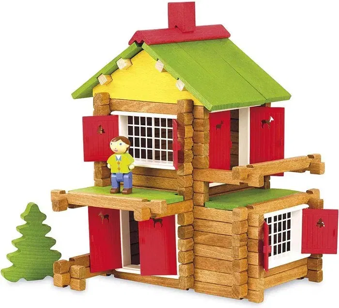 Jeujura My Wooden Chalet Juego de Construcción en Madera Natural y Teñida, 135 Piezas