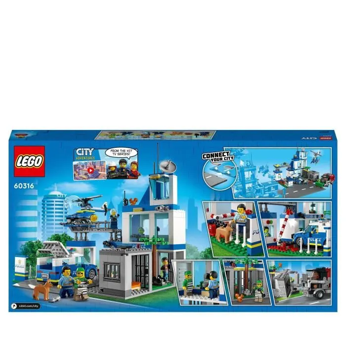 Lego 60316 Comisaría de Policía de la Ciudad, Coche de Juguete, Camión de Basura y Helicóptero Niños +6 Años, Set Aventuras