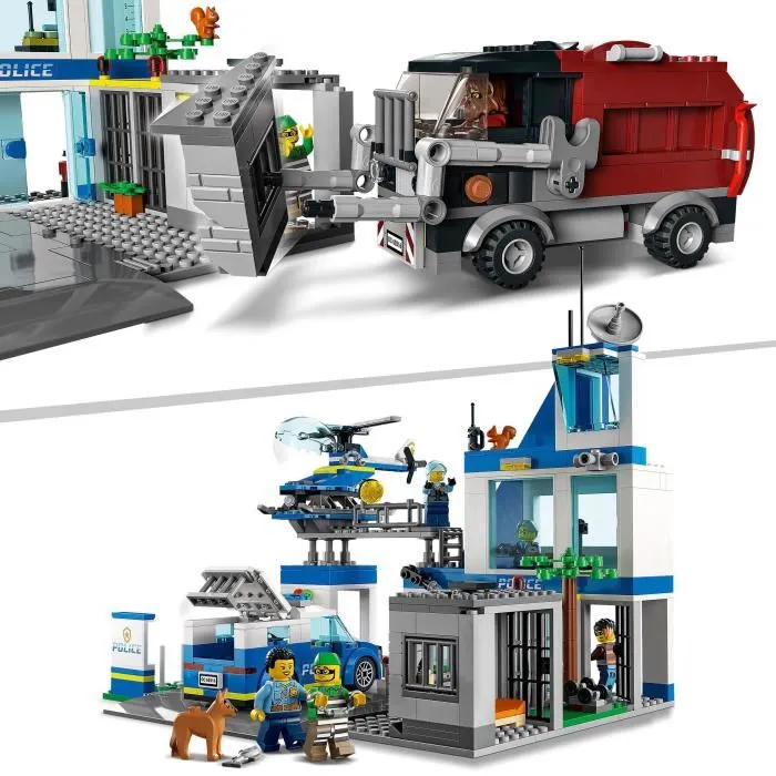 Lego 60316 Comisaría de Policía de la Ciudad, Coche de Juguete, Camión de Basura y Helicóptero Niños +6 Años, Set Aventuras