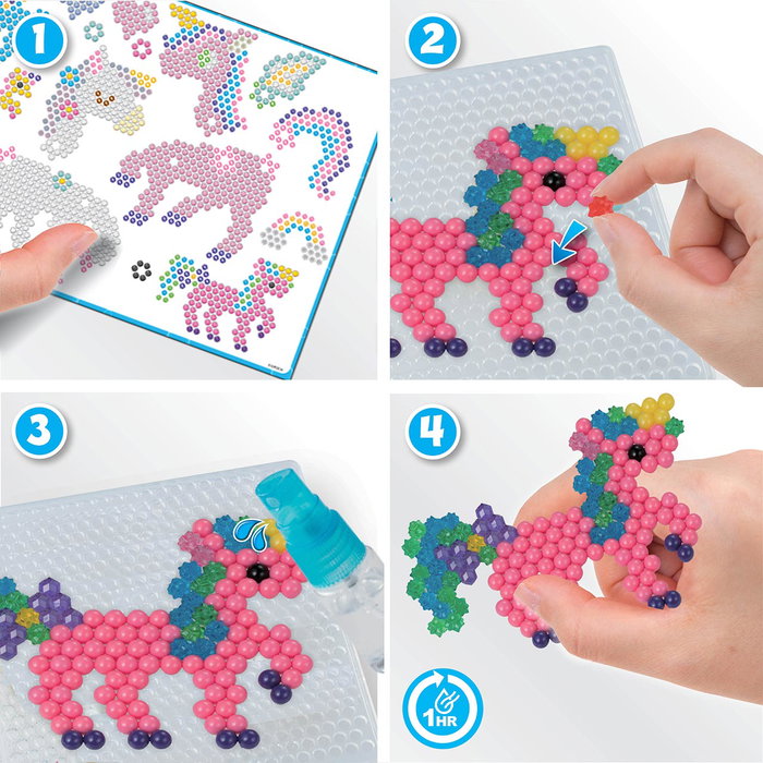 Aquabeads Set de Unicornios 31944 con 1500 Abalorios en 24 Colores, Incluye Bandeja, Accesorios y Plantillas para Crear Diseños de Unicornios, Arcoíris y Más