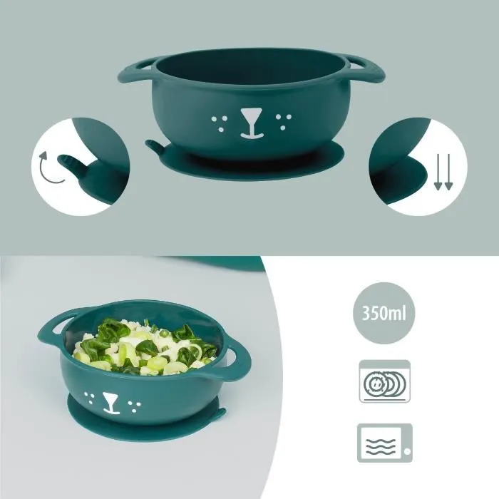 Babymoov FIRST'ISY Dog Blue Juego de Comidas Infantil para 6-12 Meses, Set de 3 Piezas con Bol, Cuchara y Babero Antideslizante y Apto para Microondas y Horno