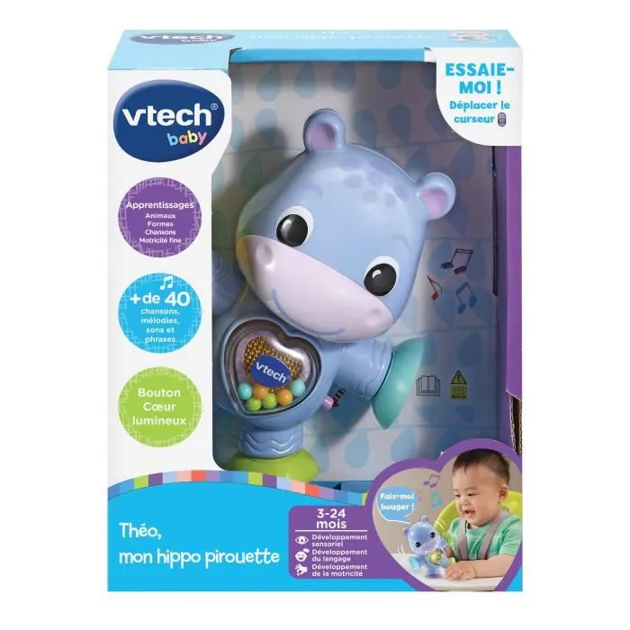 Vtech Baby Theo, mi hipopótamo Pirouette - Juguete de Actividades Bebé con Ventosas, Sonidos y Movimiento 3-24 Meses