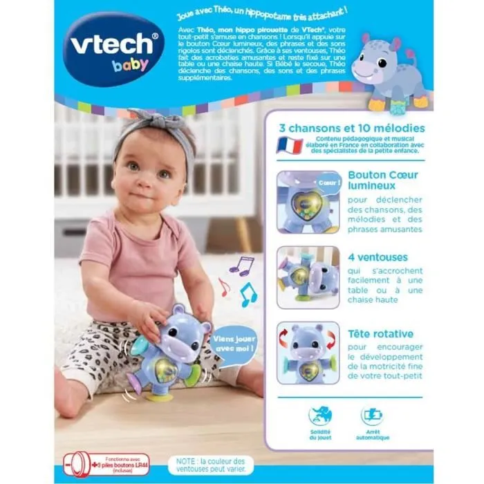 Vtech Baby Theo, mi hipopótamo Pirouette - Juguete de Actividades Bebé con Ventosas, Sonidos y Movimiento 3-24 Meses