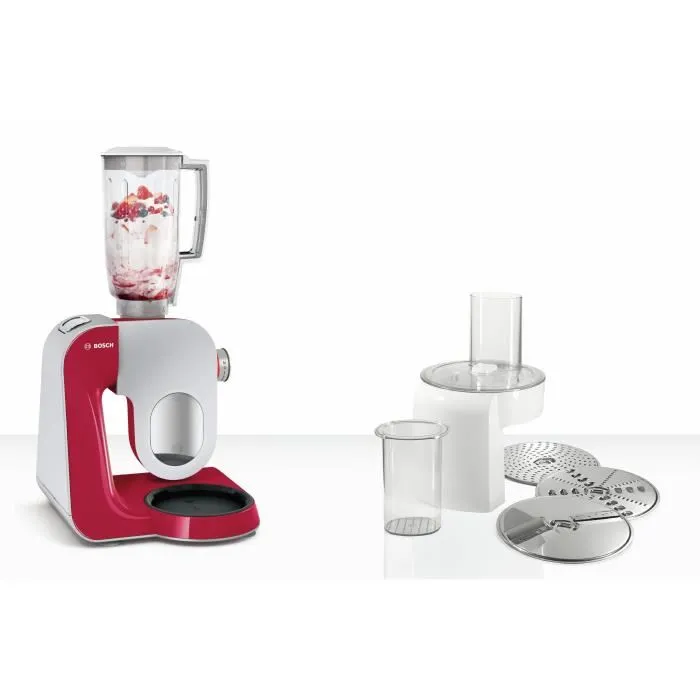 Máquina de cocina BOSCH MUM5 - Robot de cocina -1000W-7 velocidades + pulso- Bol de acero inoxidable 3.9L- Batidora 1.25 L - Rojo oscuro / plateado