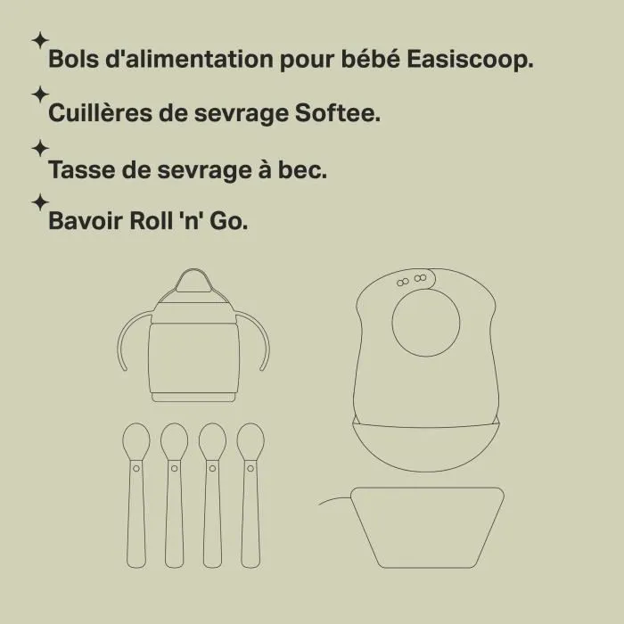 Tommee Tippee Kit de Destete para Bebé, +4 meses, Comederos, Vaso con Pico, Babero Impermeable Roll 'n' Go Antigolpes