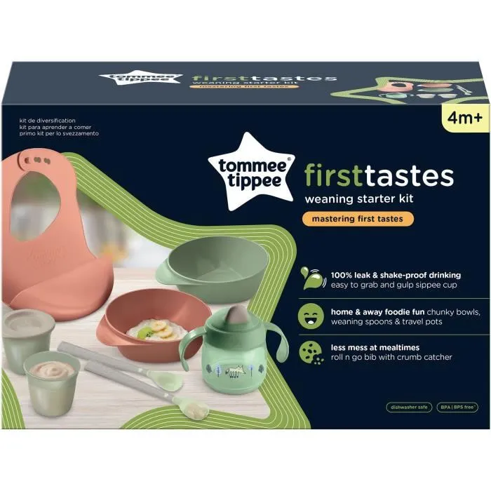 Tommee Tippee Kit de Destete para Bebé, +4 meses, Comederos, Vaso con Pico, Babero Impermeable Roll 'n' Go Antigolpes