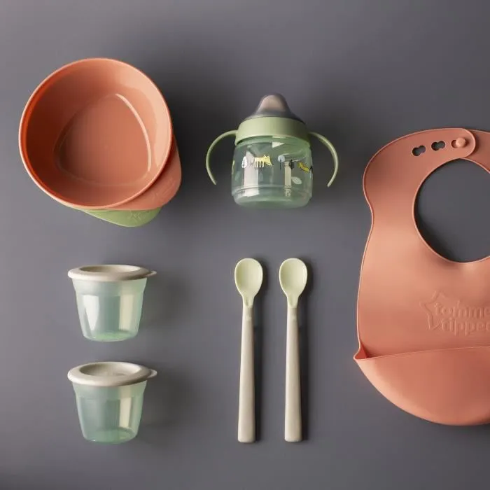 Tommee Tippee Kit de Destete para Bebé, +4 meses, Comederos, Vaso con Pico, Babero Impermeable Roll 'n' Go Antigolpes
