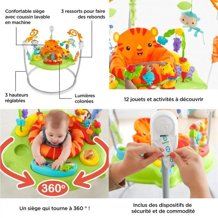 Fisher Price Jumperoo Jungle Jumper Asiento Giratorio 360° con Luces y Sonidos para Bebé, a Partir de 9 Meses