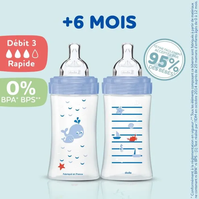 Dodie Biberón Sensation+ Anticólicos 330ml +6 Meses, Tetina Plana Flujo 3, Pack 3 Unidades, Azul/Verde Aire
