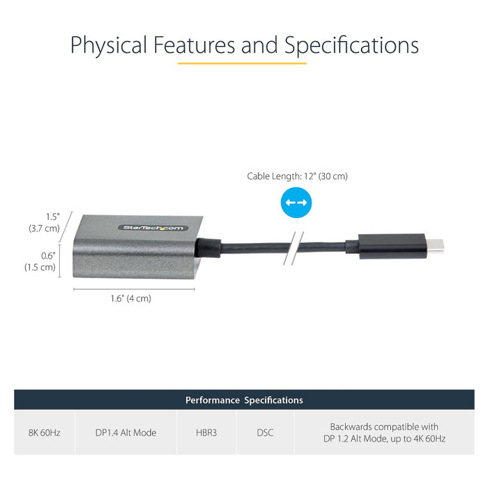 StarTech.com Adaptador USB-C a DisplayPort 1.4, 8K/4K 60Hz, 30cm