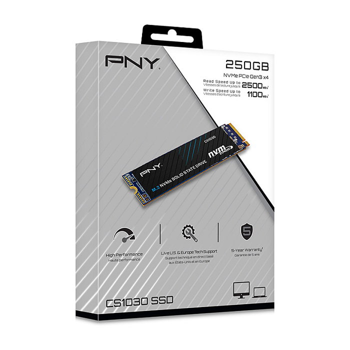 PNY CS1030 SSD M.2 NVMe 250GB M280CS1030-250-RB - PCIe 3.0 x4, Lectura 2500 MB/s, Escritura 1100 MB/s, 2280, 0.329 DWPD