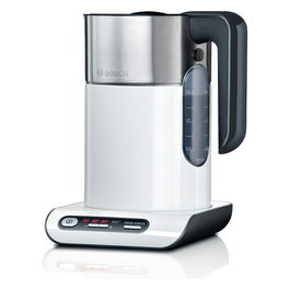 Bosch TWK8611P - Hervidor de Agua Estilo Styline 1.5 L, 2400 W, Blanco/Acero Inoxidable/Antracita, Filtro, Función Mantener Caliente, Base Giratoria 360°