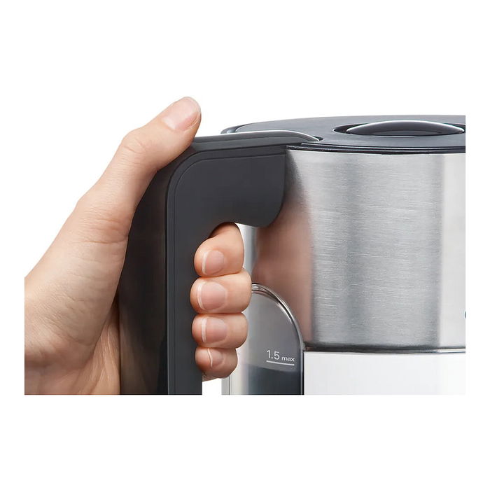 Bosch TWK8611P - Hervidor de Agua Estilo Styline 1.5 L, 2400 W, Blanco/Acero Inoxidable/Antracita, Filtro, Función Mantener Caliente, Base Giratoria 360°