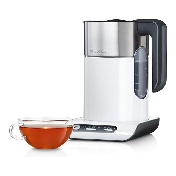 Bosch TWK8611P - Hervidor de Agua Estilo Styline 1.5 L, 2400 W, Blanco/Acero Inoxidable/Antracita, Filtro, Función Mantener Caliente, Base Giratoria 360°