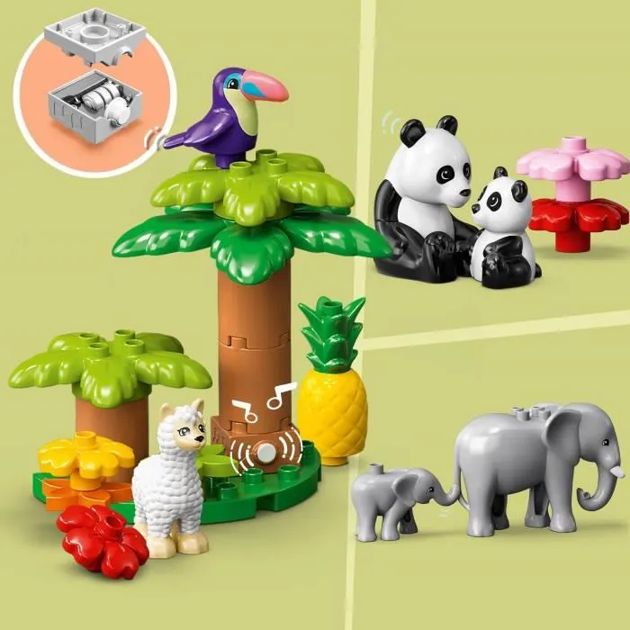 LEGO 10975 DUPLO Animales salvajes del mundo, juguete educativo para niños de 2 años, 22 minifiguras de leones, ciervos y alpacas, con tapete de juego