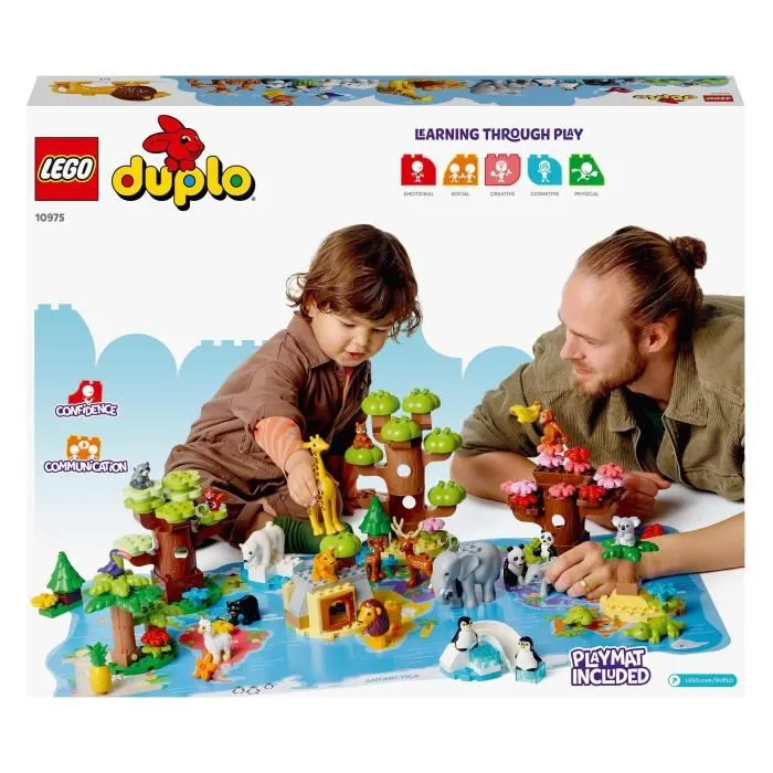 LEGO 10975 DUPLO Animales salvajes del mundo, juguete educativo para niños de 2 años, 22 minifiguras de leones, ciervos y alpacas, con tapete de juego