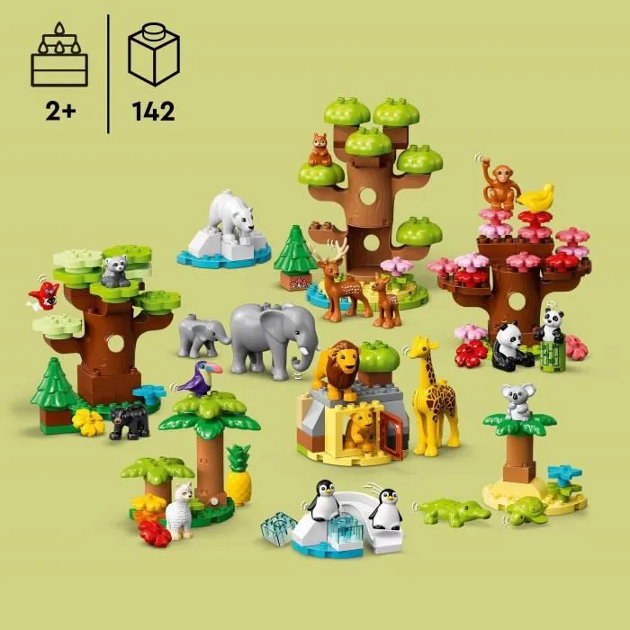 LEGO 10975 DUPLO Animales salvajes del mundo, juguete educativo para niños de 2 años, 22 minifiguras de leones, ciervos y alpacas, con tapete de juego