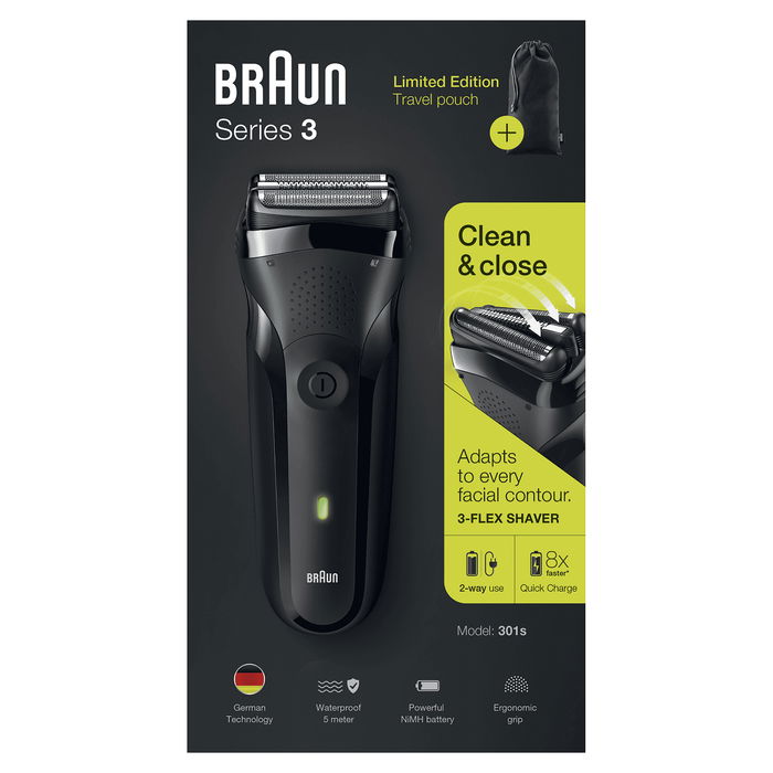 Braun Series 3 301s Máquina de Afeitar Eléctrica con Recortadora, 2 SensoFoil, Negro, Lavable, A Prueba de Agua, Batería Recargable