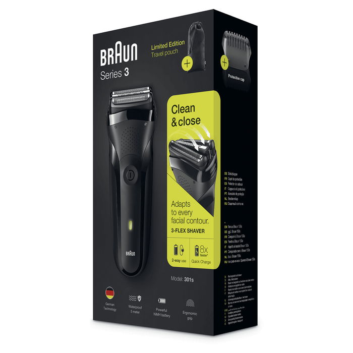 Braun Series 3 301s Máquina de Afeitar Eléctrica con Recortadora, 2 SensoFoil, Negro, Lavable, A Prueba de Agua, Batería Recargable