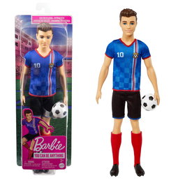 Mattel Muñeco Ken Futbolista HCN15 con Camiseta Roja y Balón, Juguete para Niños +3 Años