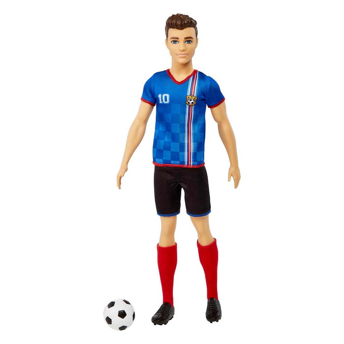 Mattel Muñeco Ken Futbolista HCN15 con Camiseta Roja y Balón, Juguete para Niños +3 Años