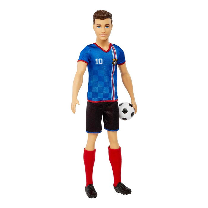 Mattel Muñeco Ken Futbolista HCN15 con Camiseta Roja y Balón, Juguete para Niños +3 Años