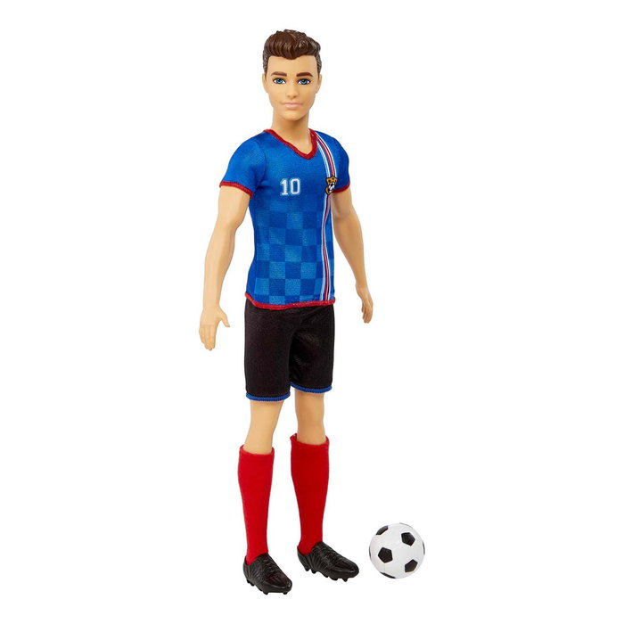 Mattel Muñeco Ken Futbolista HCN15 con Camiseta Roja y Balón, Juguete para Niños +3 Años