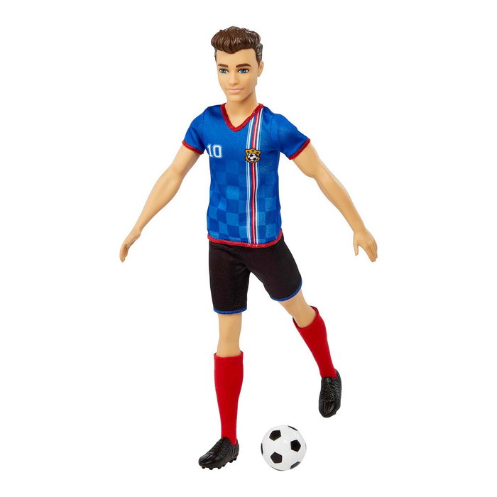 Mattel Muñeco Ken Futbolista HCN15 con Camiseta Roja y Balón, Juguete para Niños +3 Años
