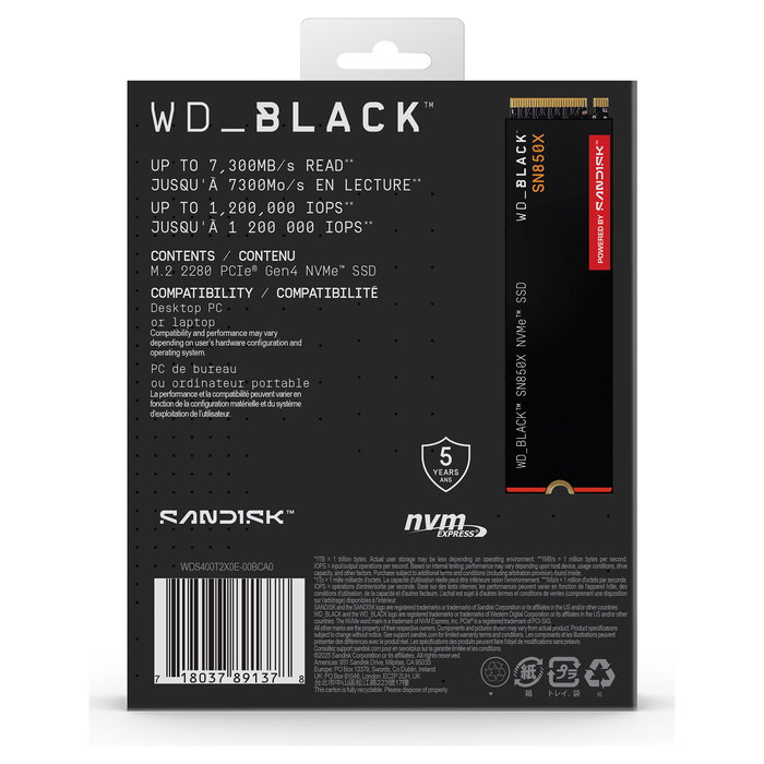 Western Digital SN850X NVMe PCIe 4.0 x4 SSD M.2 4TB para PC con 7300 MB/s de Lectura