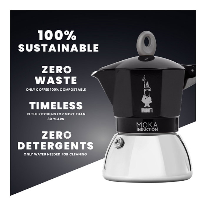 Bialetti Moka Induction Cafetera italiana de 6 tazas, Negro y Plata