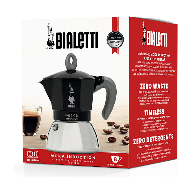 Bialetti Moka Induction Cafetera italiana de 6 tazas, Negro y Plata