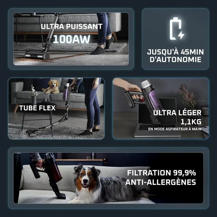 Rowenta x -force flex 9.60 alergia - aspiradora de escobas inalámbricas, tubo flexible, ultra luz, 45 minutos de autonomía, kit de alergia, rh2038wo