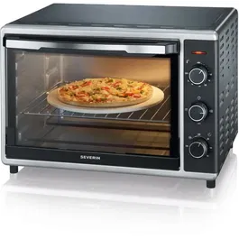 Severin TO2058 Mini Horno de Convección 42 L con Giro y Piedra para Pizza, 1800 W, Temporizador 120 Min, Negro/Acero Inoxidable