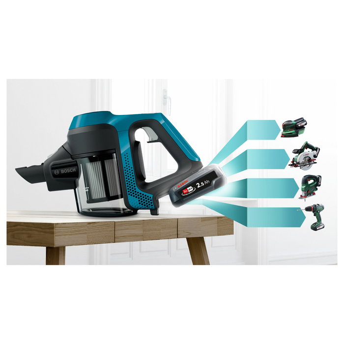 Bosch BBS611LAG Aspiradora escoba sin bolsa, 2 en 1, con batería de 18V y 30 min autonomía, color azul, cepillo rectangular, 0.3L