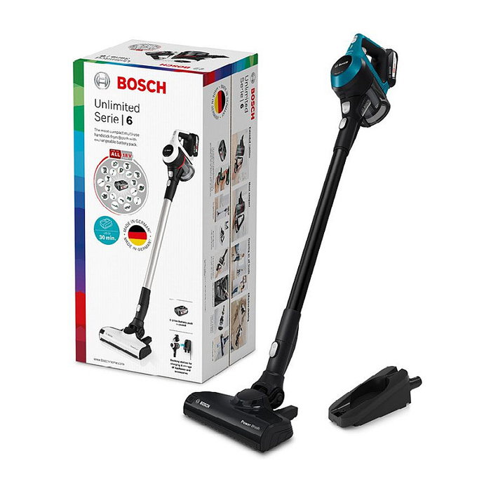Bosch BBS611LAG Aspiradora escoba sin bolsa, 2 en 1, con batería de 18V y 30 min autonomía, color azul, cepillo rectangular, 0.3L
